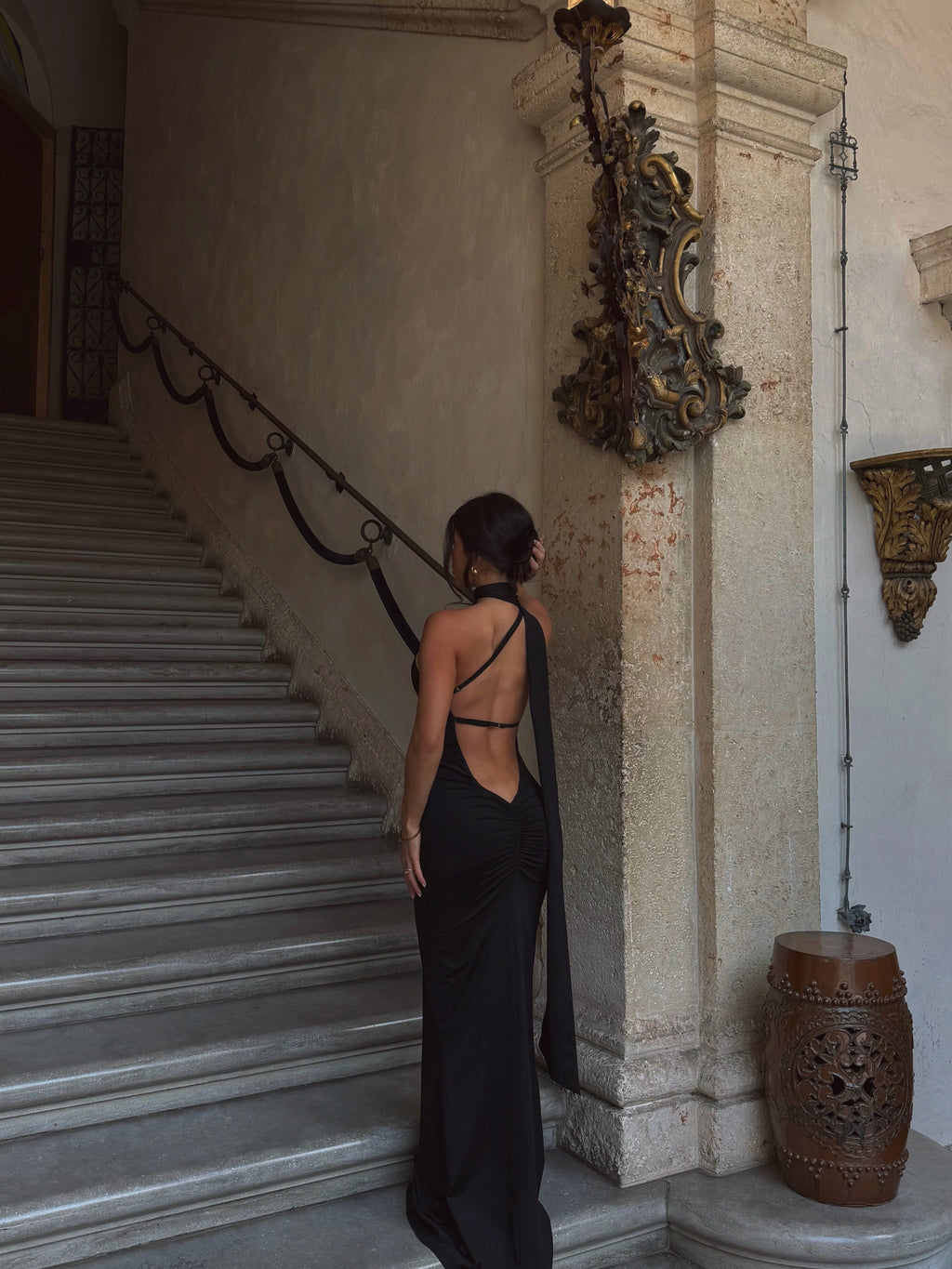 Seraphine Maxi Elbise - Siyah Boyundan Bağlamalı Düşük Sırt Fit & Flare Elbise