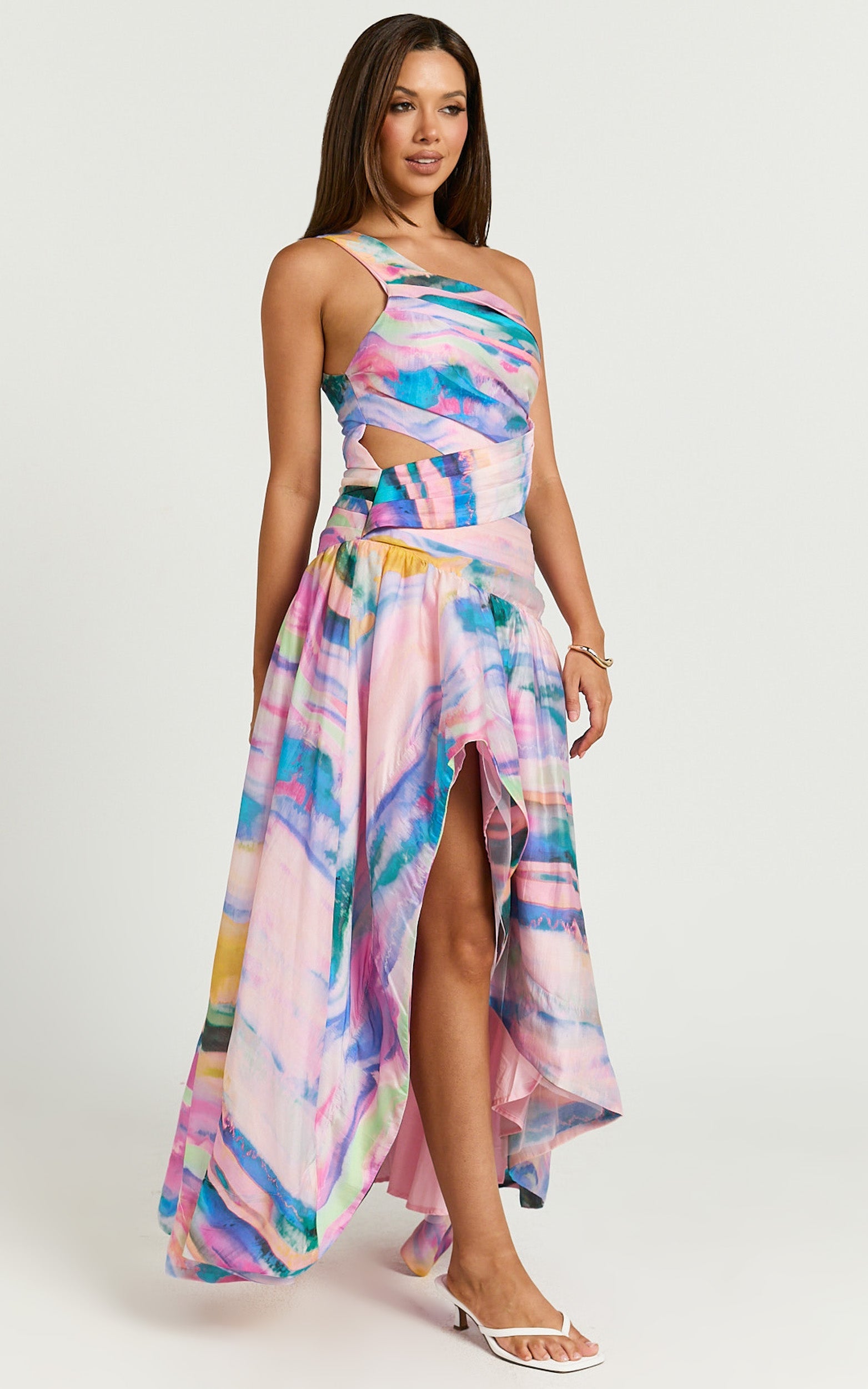 Amalie The Label - Abstract Sunset Desenli Keziah Tek Omuz Asimetrik Maxi Elbise
