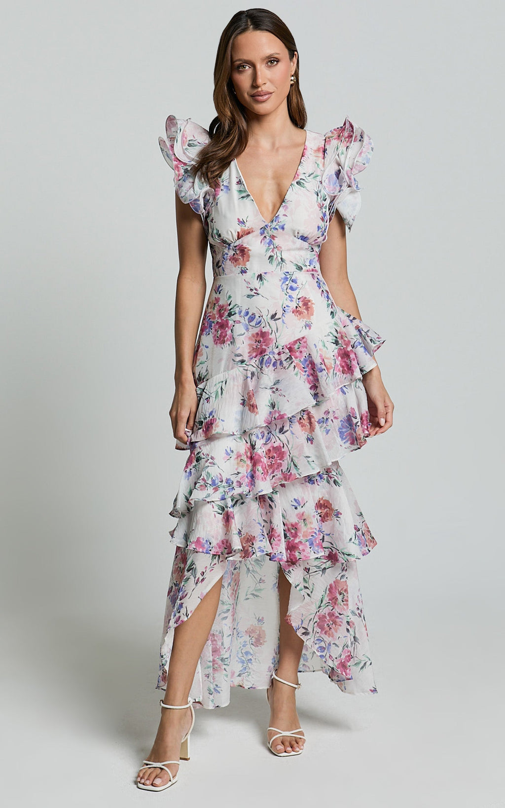 Amalie The Label - Delhia Floral Desenli Sienah Fırfır Kollu Katlı Midi Elbise