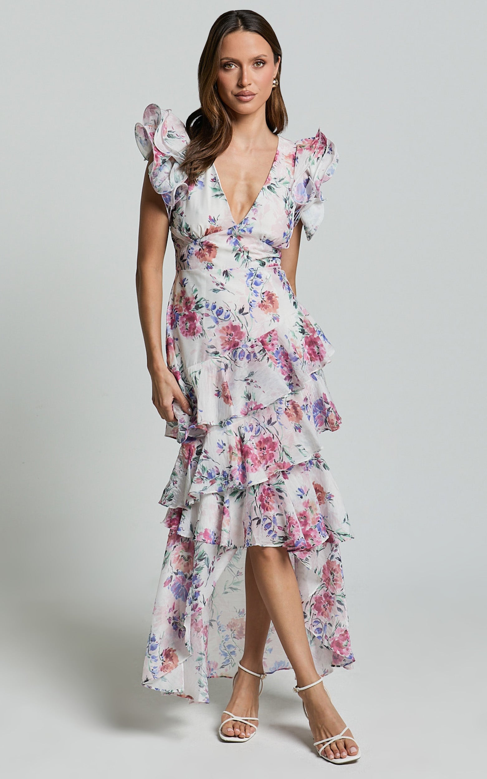 Amalie The Label - Delhia Floral Desenli Sienah Fırfır Kollu Katlı Midi Elbise