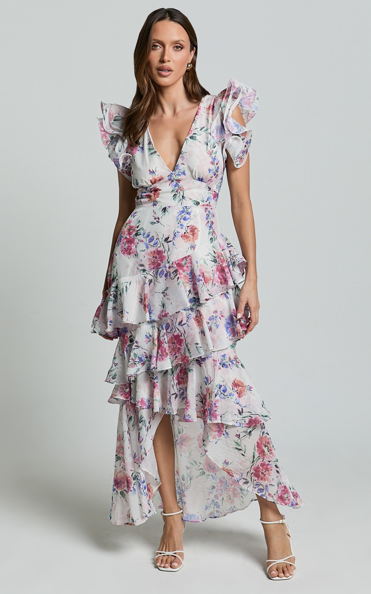 Amalie The Label - Delhia Floral Desenli Sienah Fırfır Kollu Katlı Midi Elbise