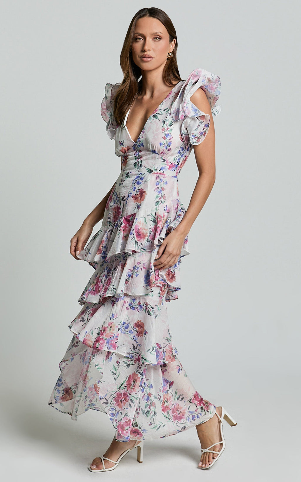 Amalie The Label - Delhia Floral Desenli Sienah Fırfır Kollu Katlı Midi Elbise