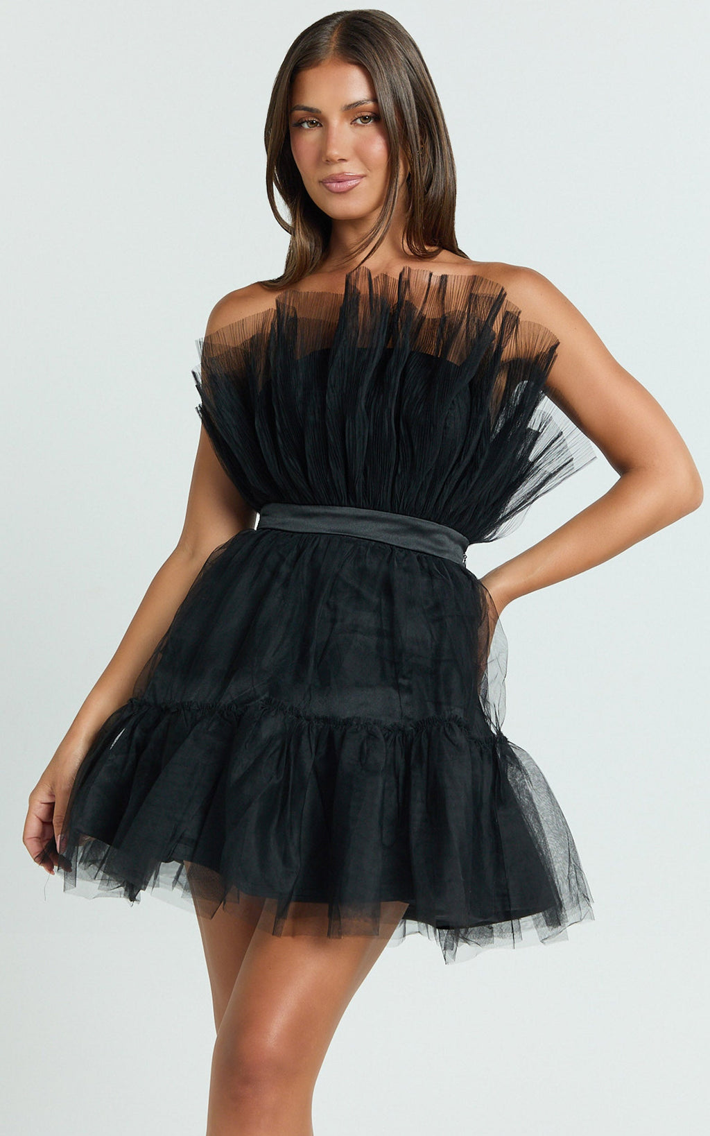 Amalya Mini Elbise - Siyah Katlı Tül Fit & Flare Elbise