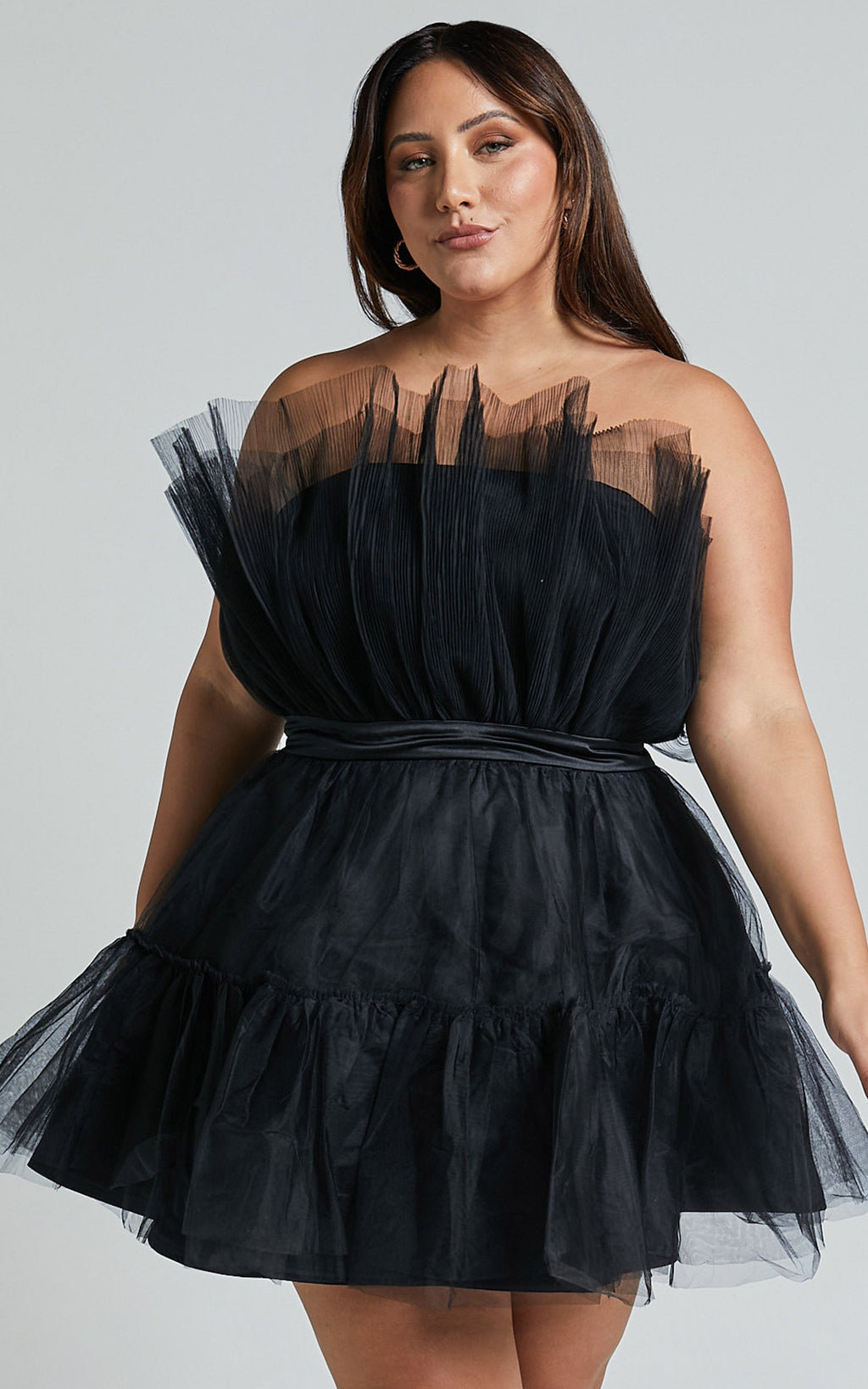 Amalya Mini Elbise - Siyah Katlı Tül Fit & Flare Elbise