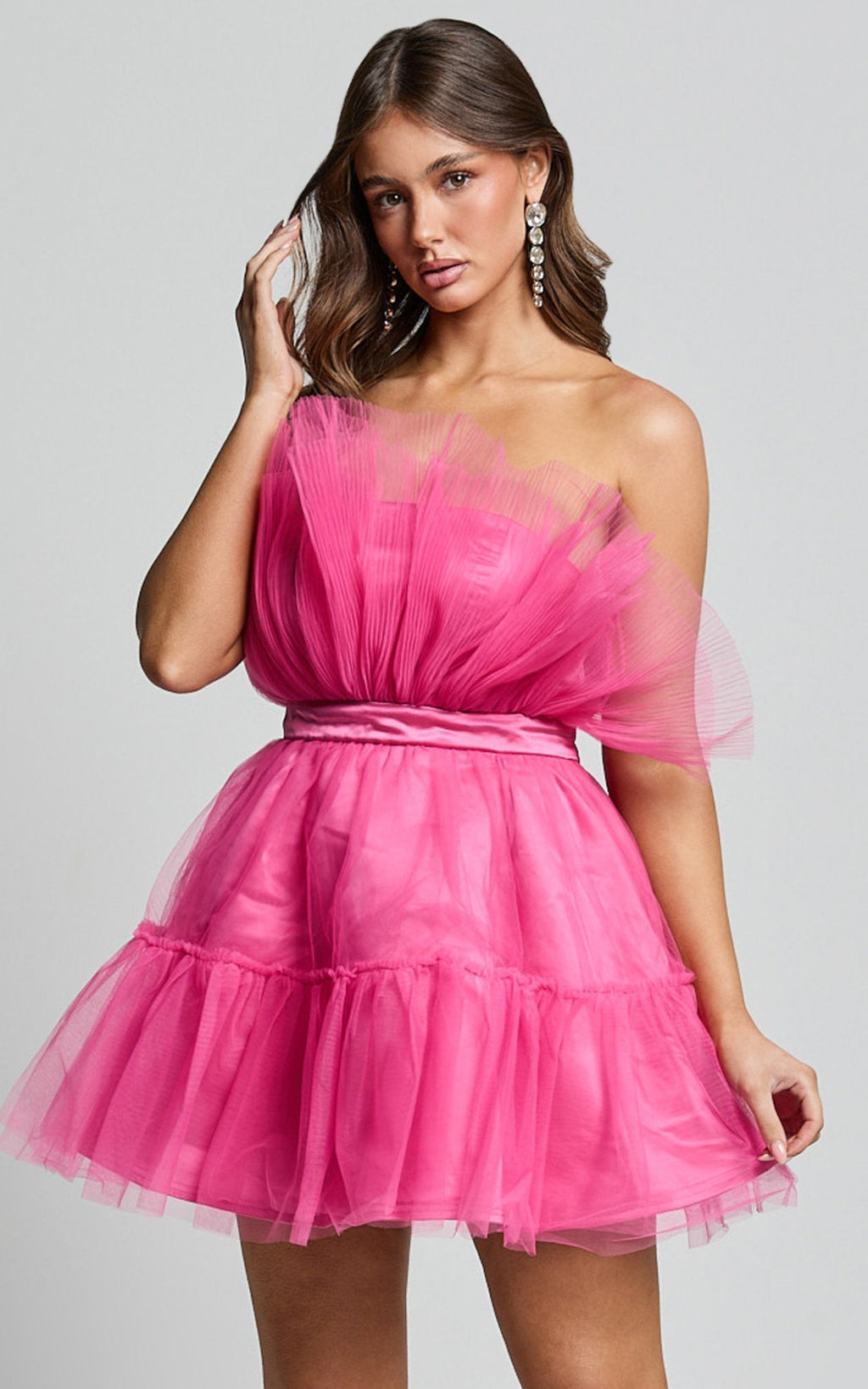 Amalya Mini Elbise - Fuşya Katlı Tül Fit & Flare Elbise