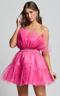Amalya Mini Elbise - Fuşya Katlı Tül Fit & Flare Elbise