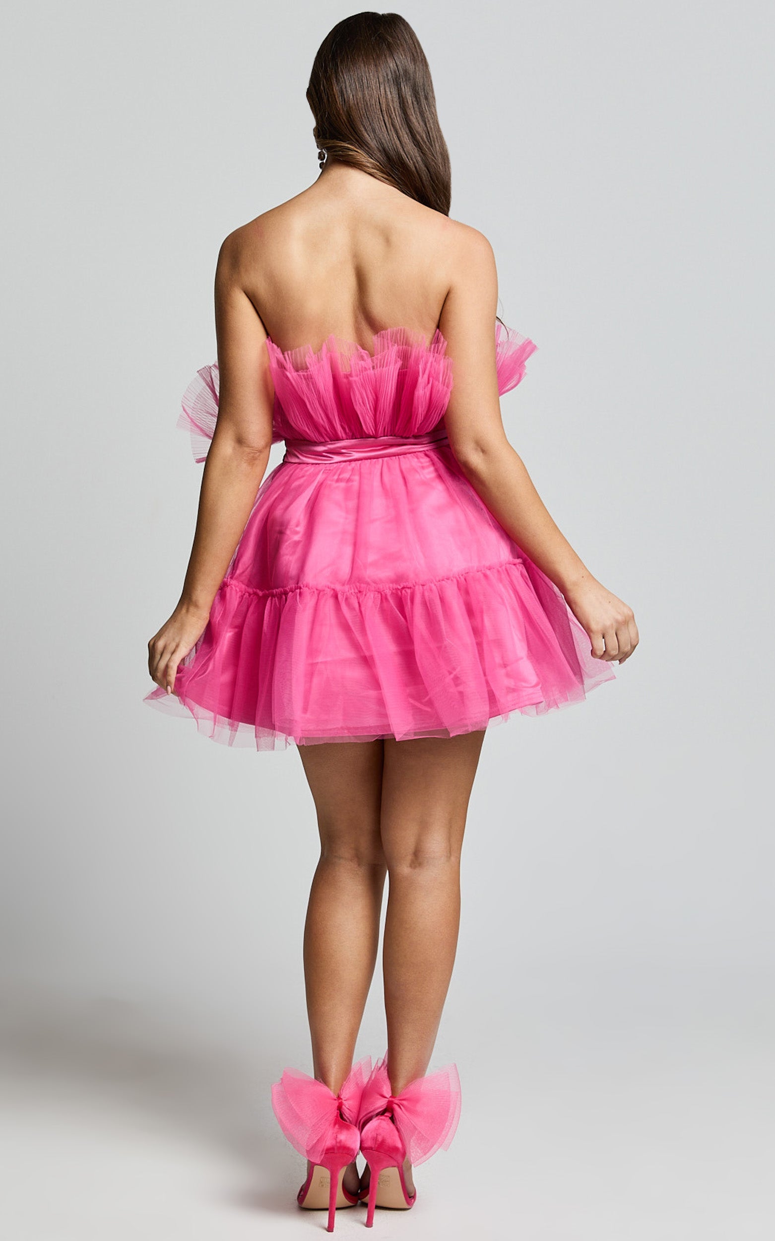 Amalya Mini Elbise - Fuşya Katlı Tül Fit & Flare Elbise