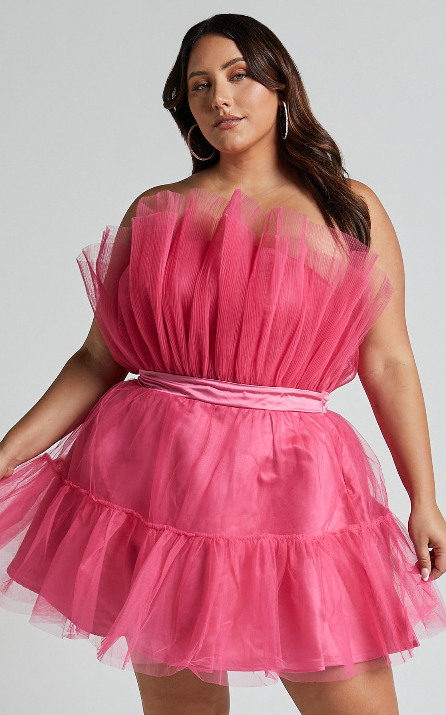 Amalya Mini Elbise - Fuşya Katlı Tül Fit & Flare Elbise