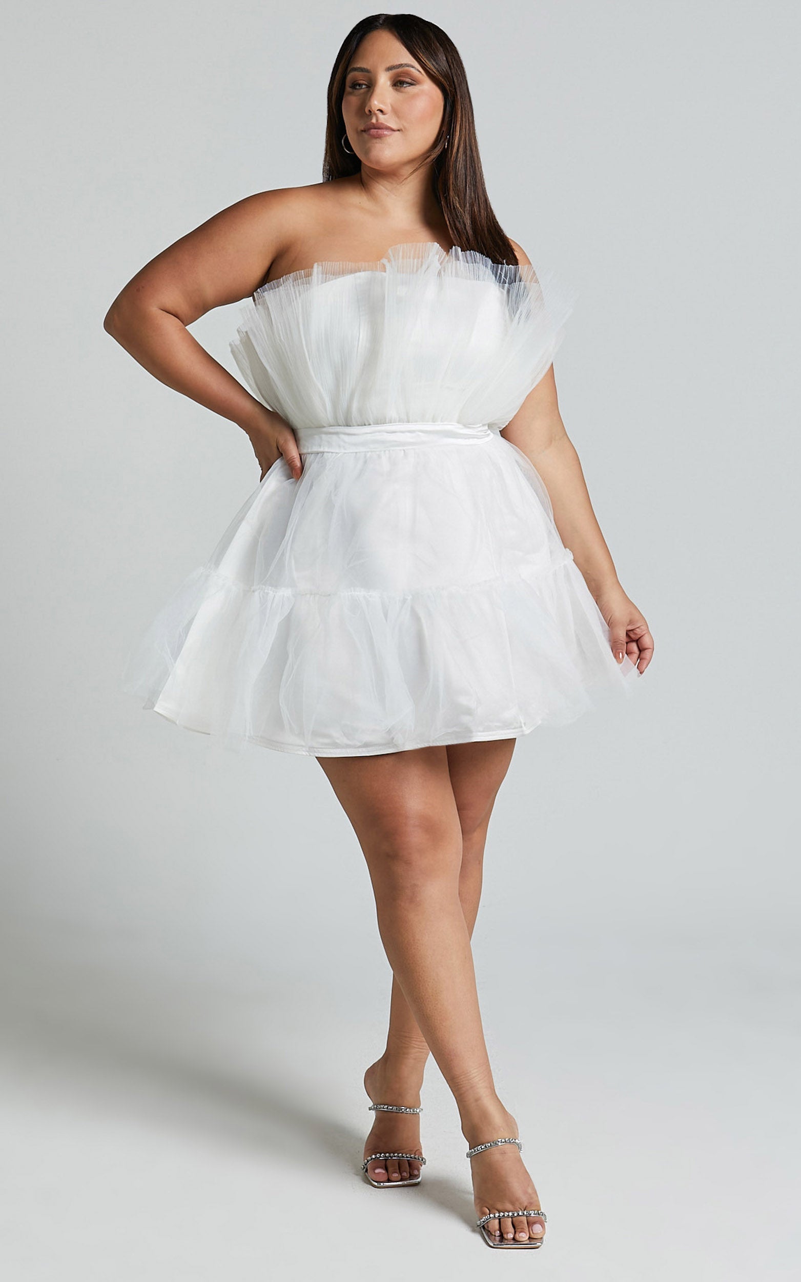 Amalya Mini Elbise - Beyaz Katlı Tül Fit & Flare Elbise