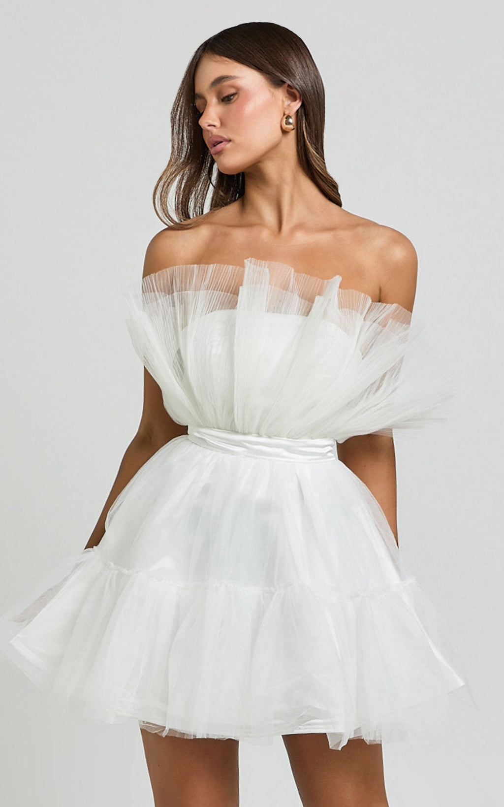 Amalya Mini Elbise - Beyaz Katlı Tül Fit & Flare Elbise