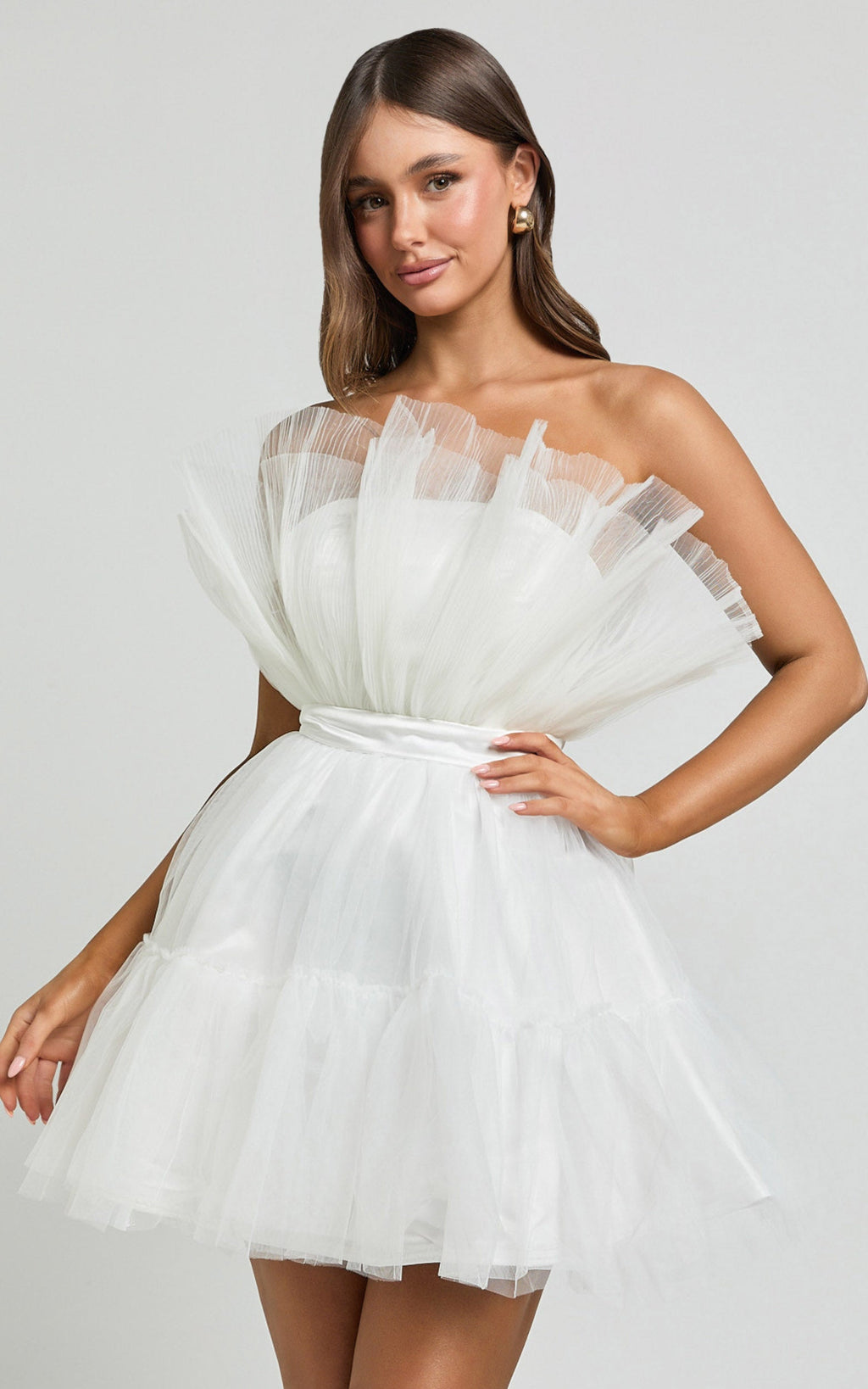 Amalya Mini Elbise - Beyaz Katlı Tül Fit & Flare Elbise