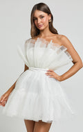 Amalya Mini Elbise - Beyaz Katlı Tül Fit & Flare Elbise