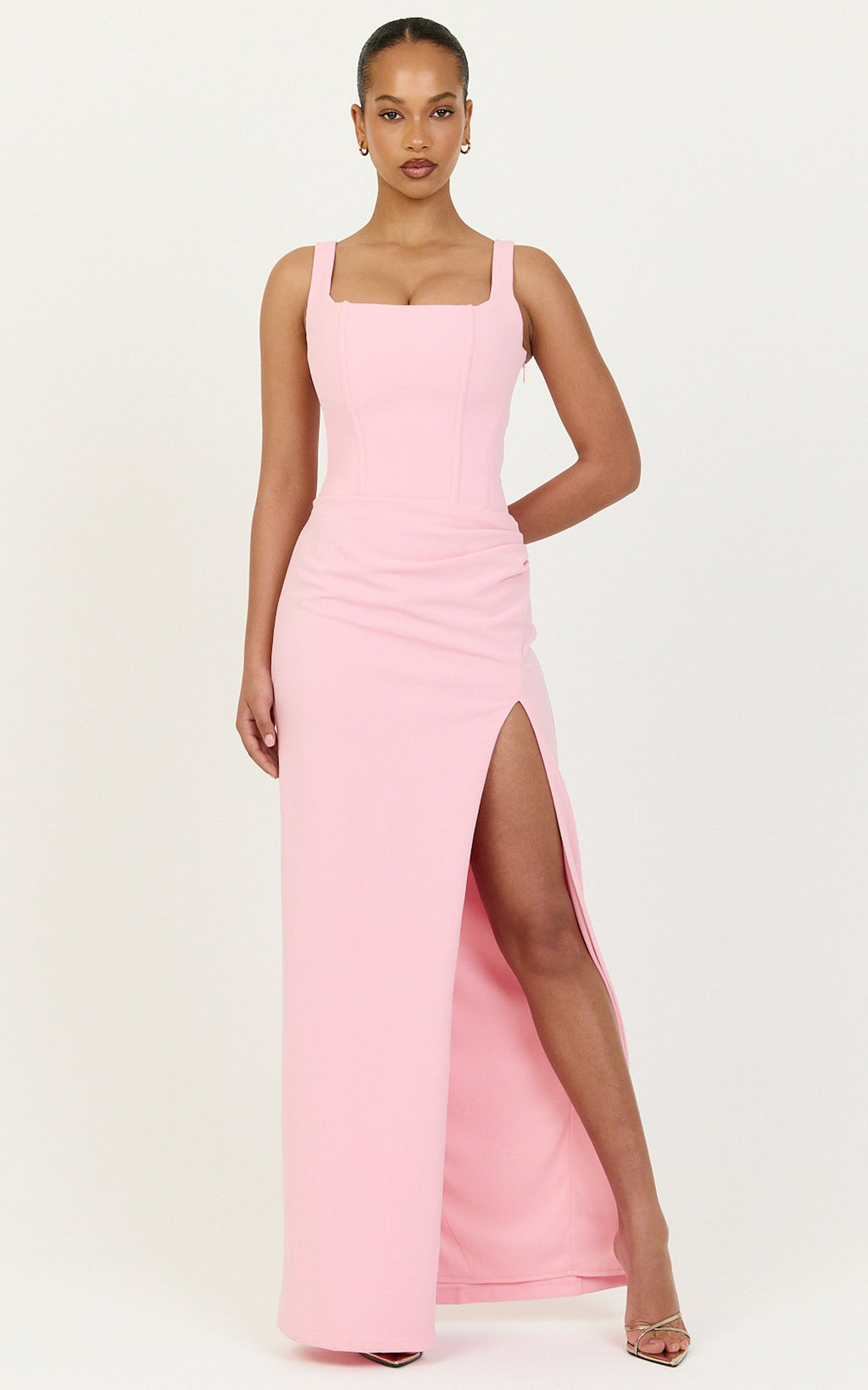 Amara Maxi Elbise - Pembe Korse Büstlü Bağcıklı Elbise