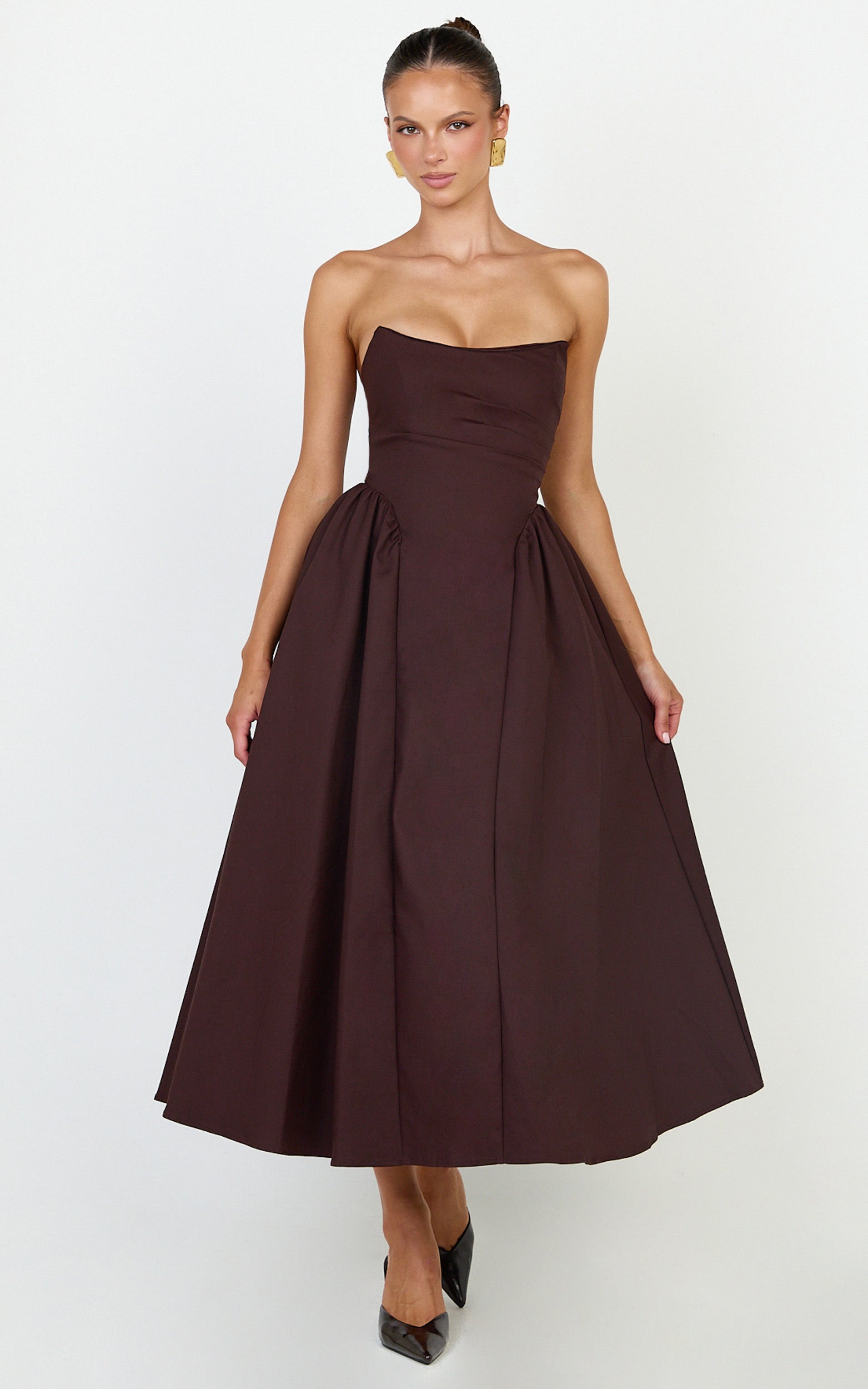 Amara Midi Elbise - Çikolata Straplez Fit & Flare Elbise