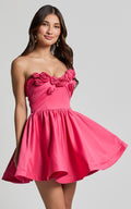 Angeletta Mini Elbise - Pembe Kalp Yaka Rozet Detaylı Fit & Flare Elbise