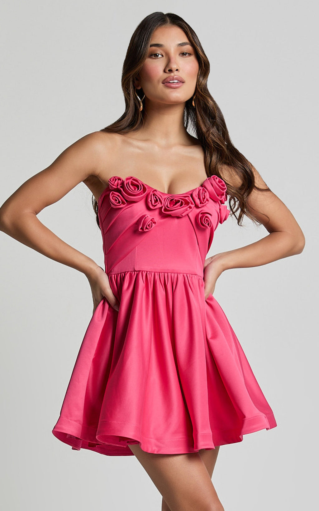 Angeletta Mini Elbise - Pembe Kalp Yaka Rozet Detaylı Fit & Flare Elbise