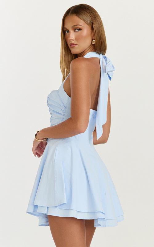Anya Mini Elbise - Mavi Boyundan Bağlamalı Büzgülü Üstlü Düşük Bel Fit & Flare Elbise