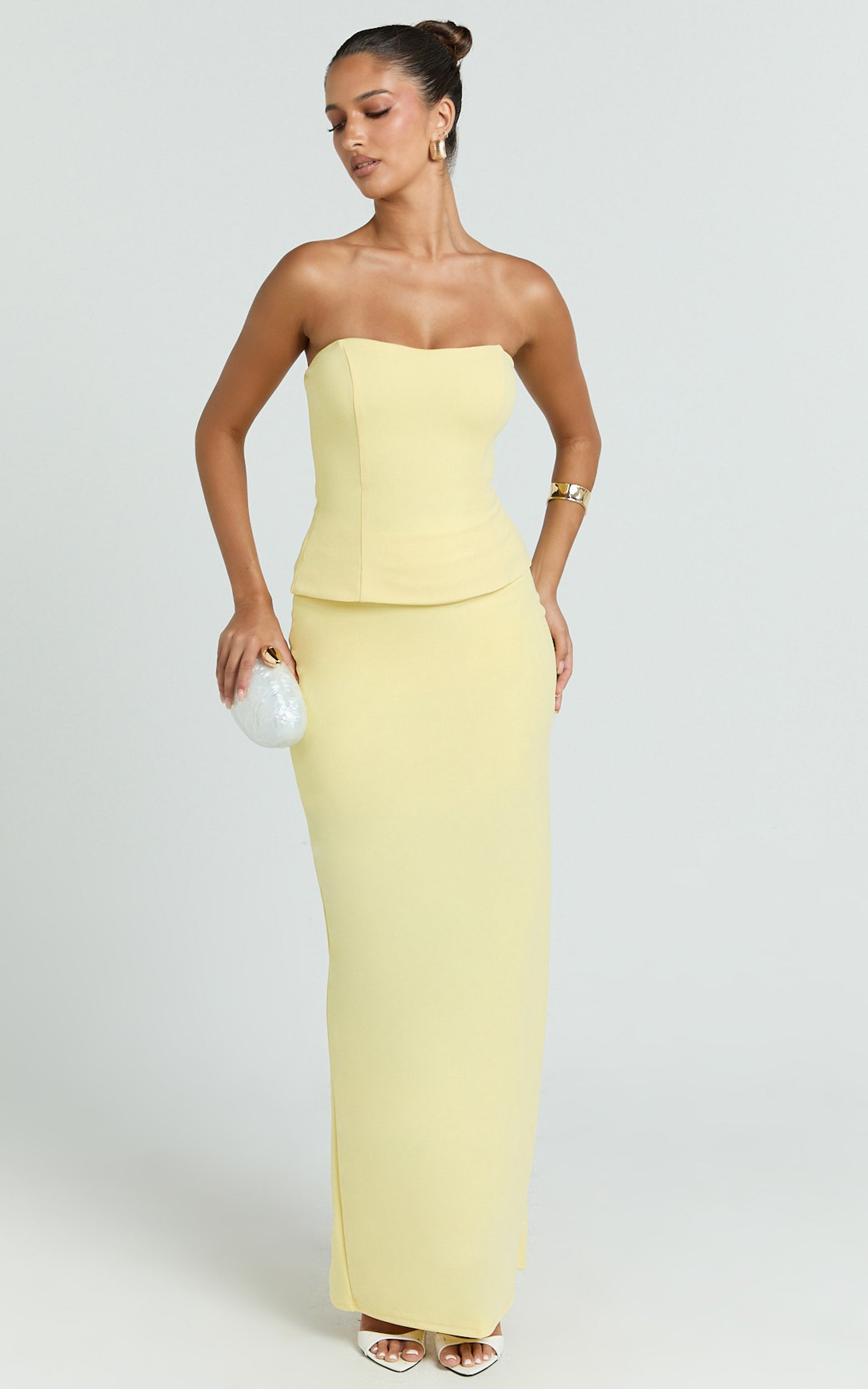 Anya İkili Üst ve Etek Takımı - Straplez Fit & Flare Üst ve Maxi Etek - Limon