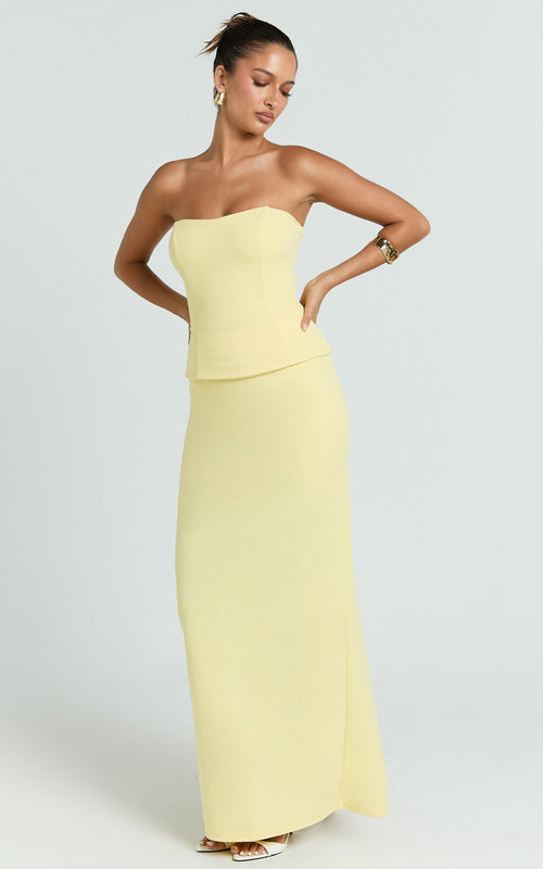 Anya İkili Üst ve Etek Takımı - Straplez Fit & Flare Üst ve Maxi Etek - Limon
