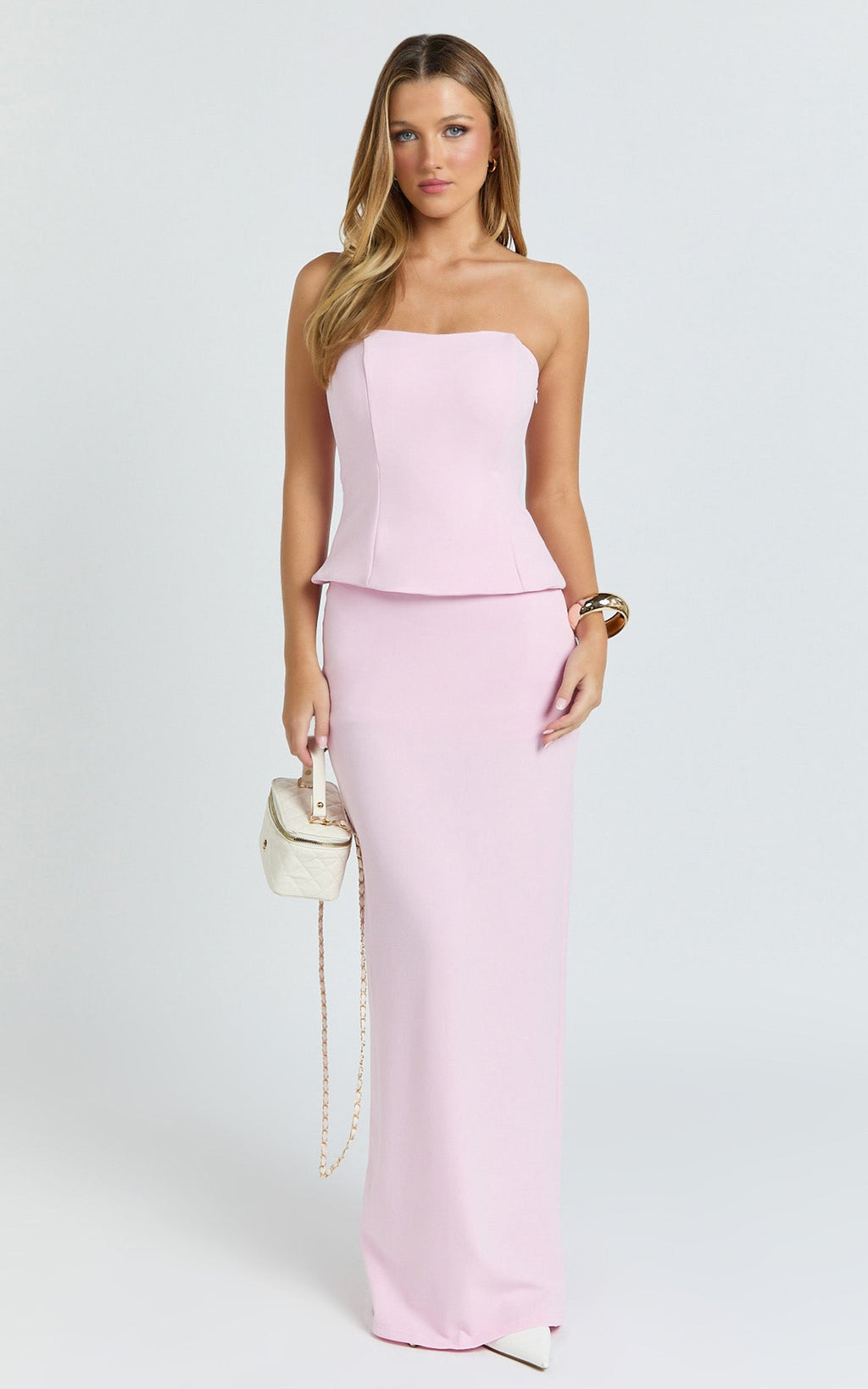 Anya İkili Üst ve Etek Takımı - Pembe Straplez Fit & Flare Üst ve Maxi Etek