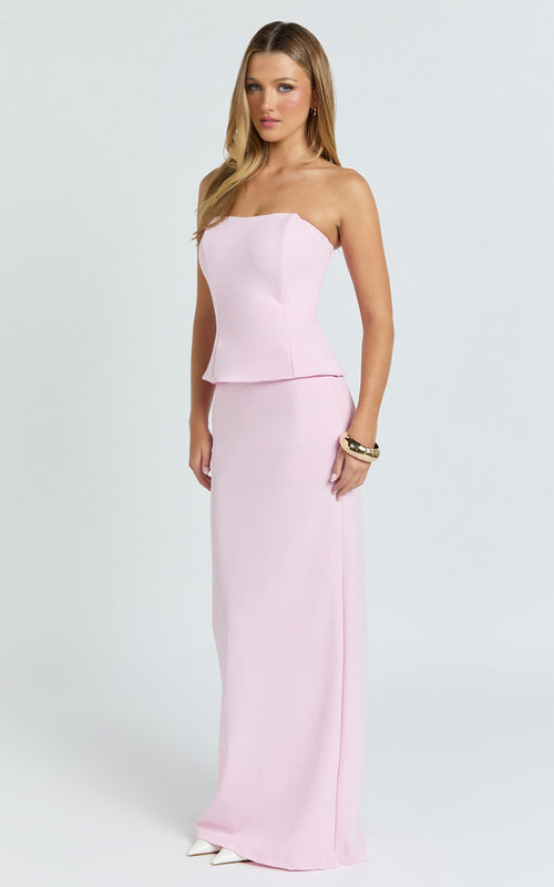 Anya İkili Üst ve Etek Takımı - Pembe Straplez Fit & Flare Üst ve Maxi Etek