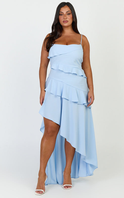 Arabella Maxi Elbise - Mavi Kat Kat Fırfırlı Fit & Flare Elbise