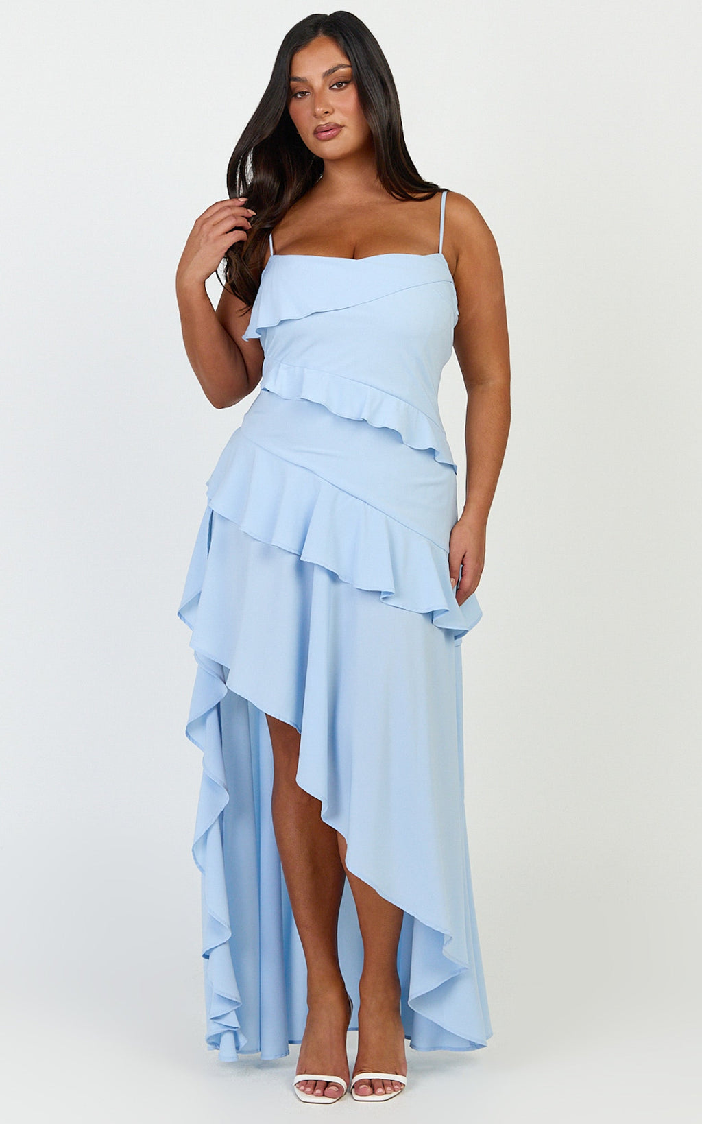 Arabella Maxi Elbise - Mavi Kat Kat Fırfırlı Fit & Flare Elbise