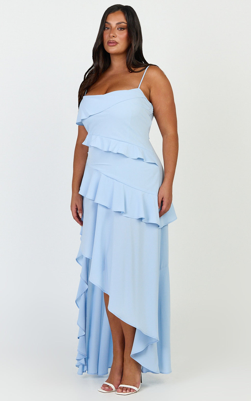 Arabella Maxi Elbise - Mavi Kat Kat Fırfırlı Fit & Flare Elbise