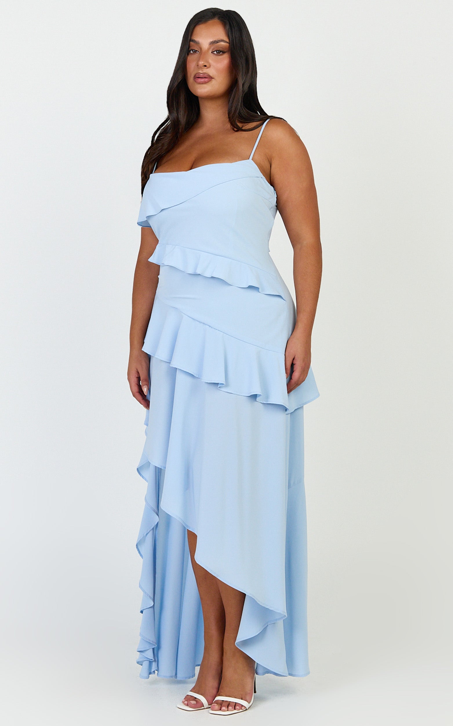 Arabella Maxi Elbise - Mavi Kat Kat Fırfırlı Fit & Flare Elbise