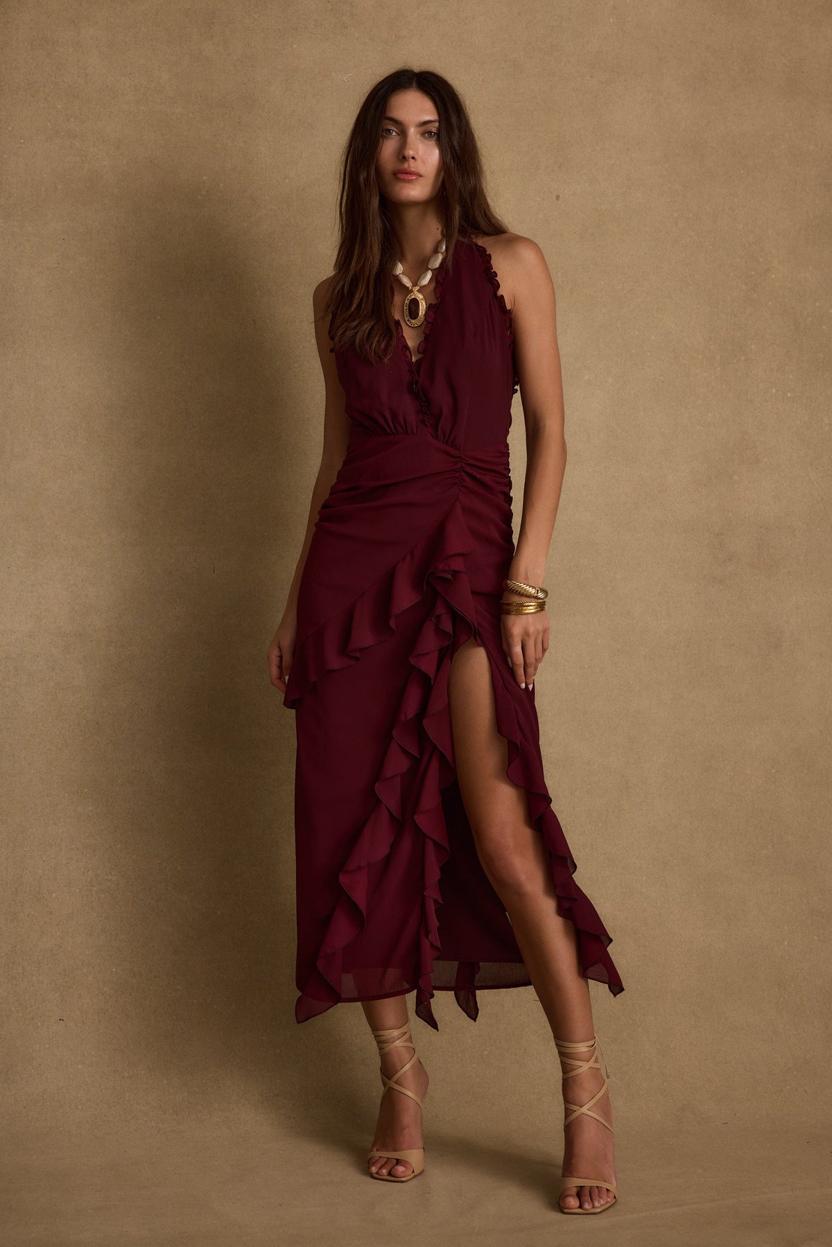 Aria Bordo Halter Maxi Elbise