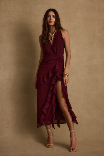 Aria Bordo Halter Maxi Elbise