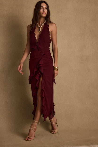 Aria Bordo Halter Maxi Elbise