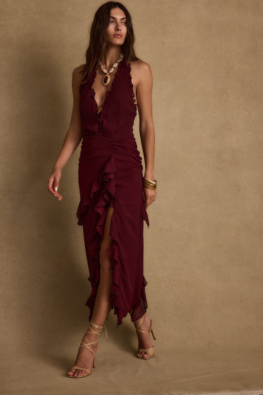 Aria Bordo Halter Maxi Elbise