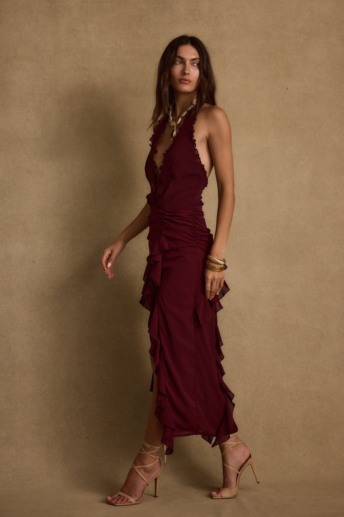 Aria Bordo Halter Maxi Elbise