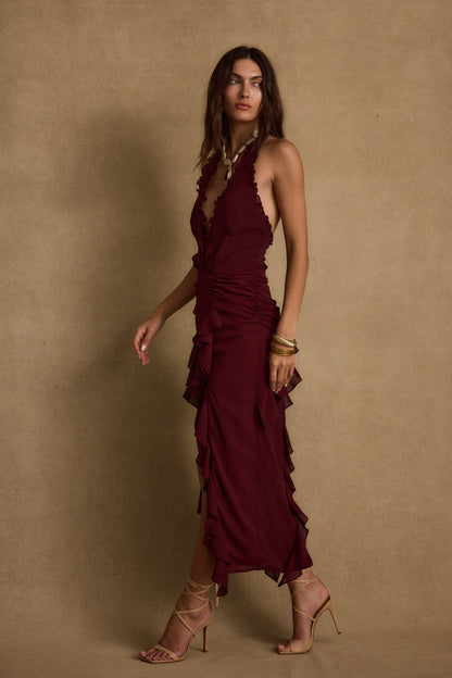 Aria Bordo Halter Maxi Elbise