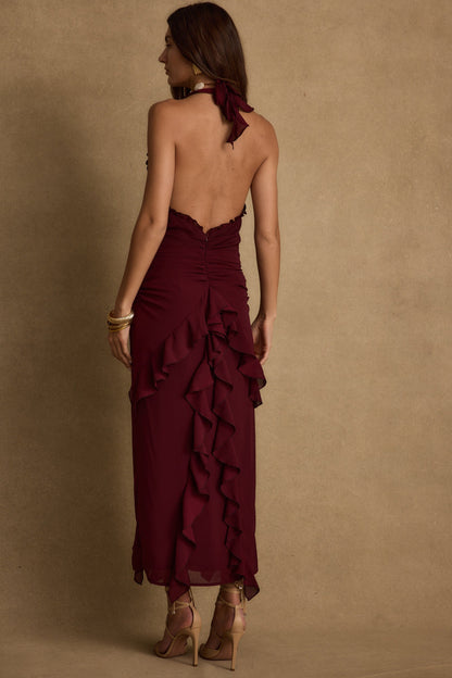 Aria Bordo Halter Maxi Elbise