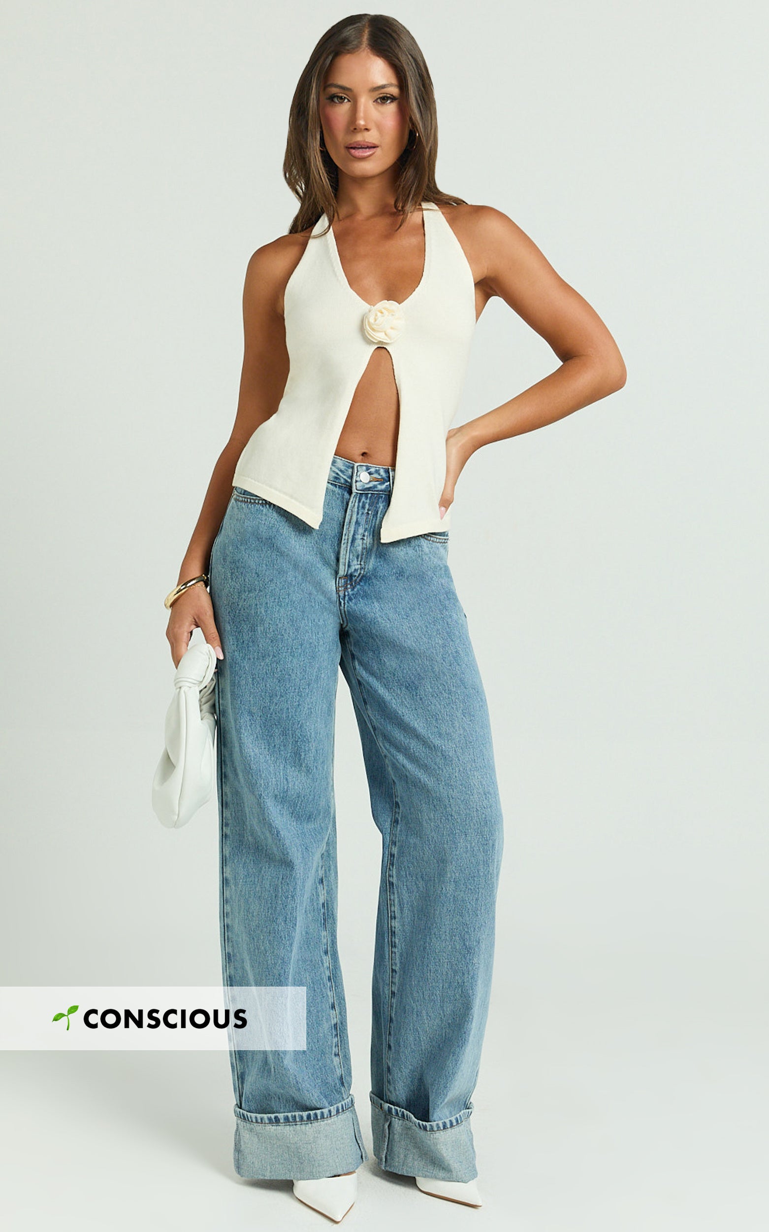 Arwyne Jean - Açık Mavi Yıkamalı Orta Bel Bol Kesim Geniş Duble Paça Geri Dönüştürülmüş Denim Jean