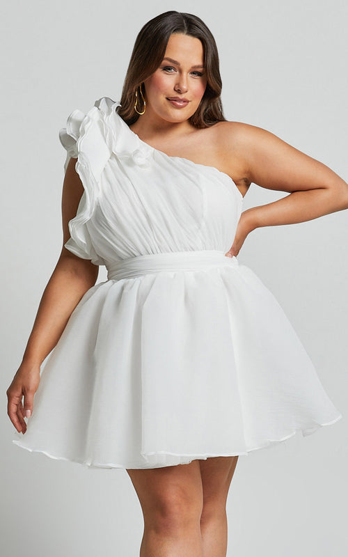 Avriella Mini Elbise - Fildişi Tek Omuz Detaylı Fit & Flare Elbise