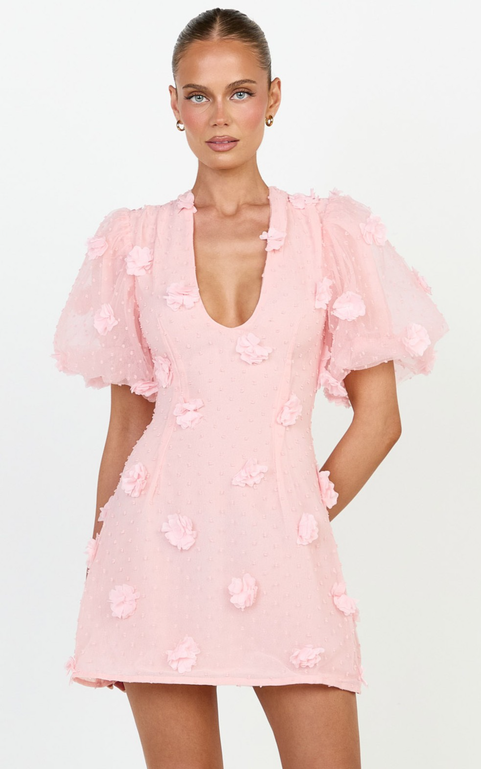 Azalea Mini Elbise - Açık Pembe Balon Kollu 3D Çiçekli A Kesim Elbise