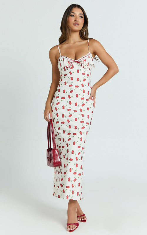 Bailey Midi Elbise - Blushing Cherries Kiraz Desenli Geri Dönüştürülmüş Dantel Biyeli Verev Kesim Askılı Elbise