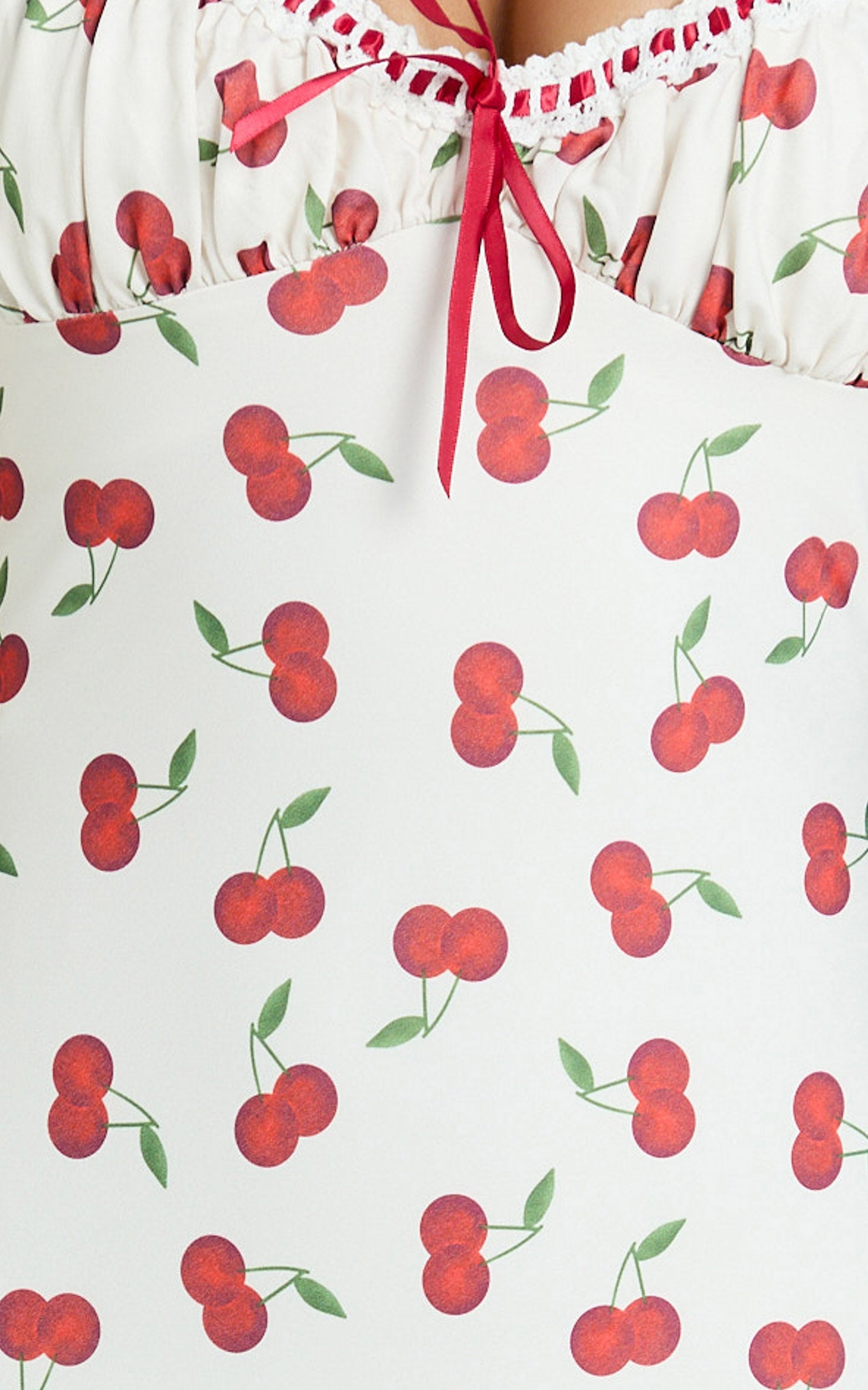 Bailey Midi Elbise - Blushing Cherries Kiraz Desenli Geri Dönüştürülmüş Dantel Biyeli Verev Kesim Askılı Elbise