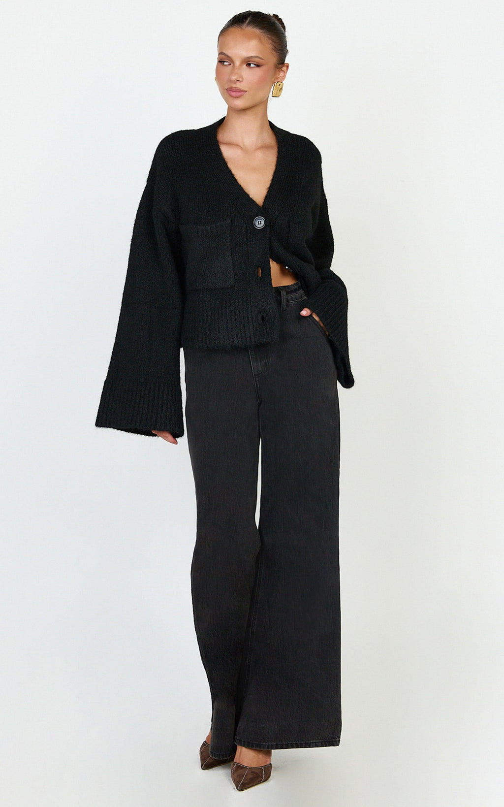 Becka Hırka - Siyah Oversize Geri Dönüştürülmüş Triko Boydan Düğmeli Hırka