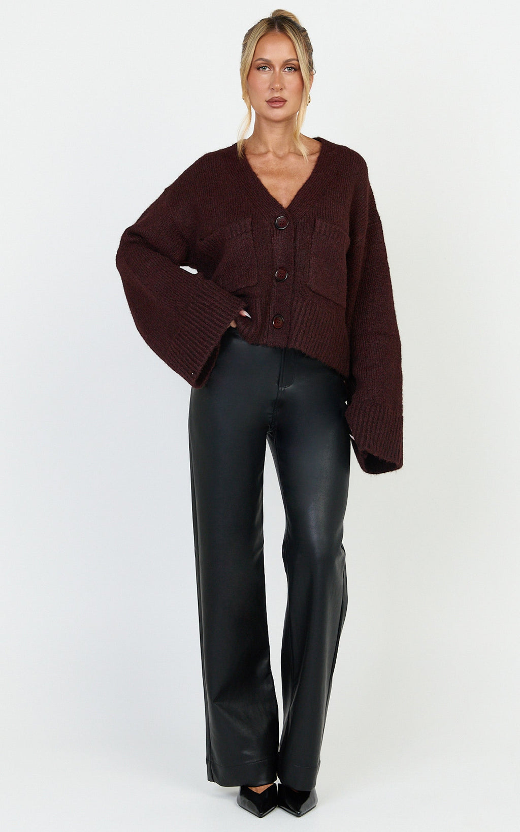 Becka Hırka - Bordo Oversize Geri Dönüştürülmüş Triko Boydan Düğmeli Hırka