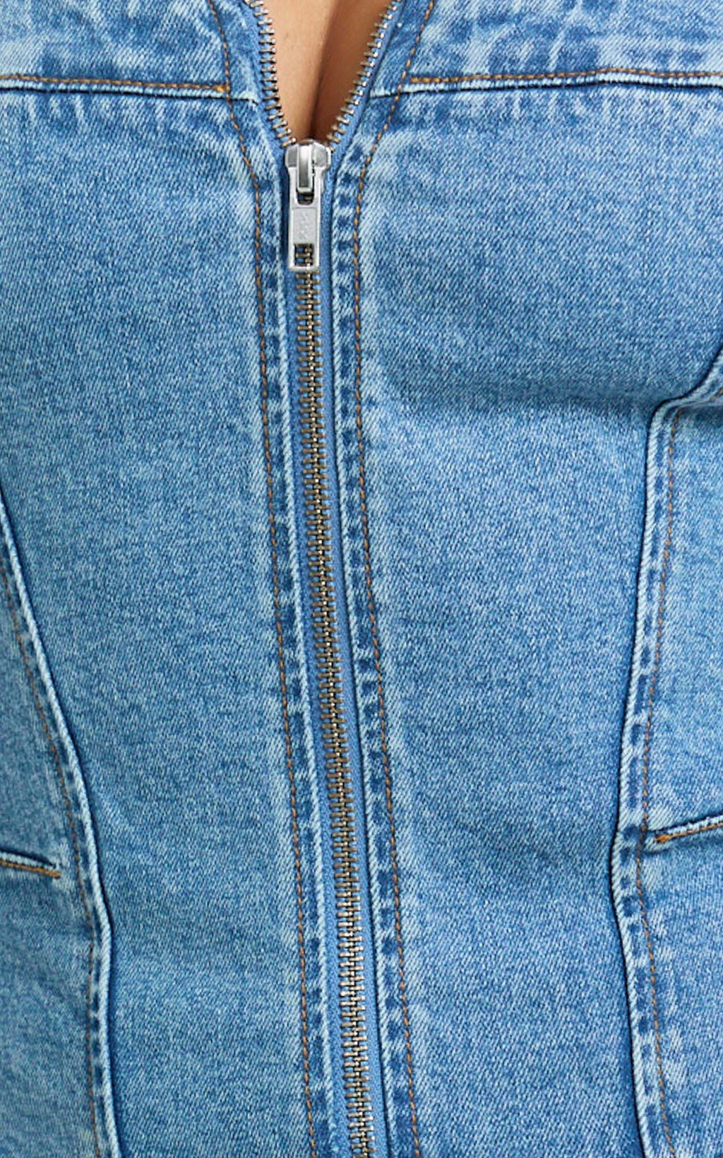 Bellerose Üst - Orta Mavi Önden Fermuarlı Vücuda Oturan Denim Üst