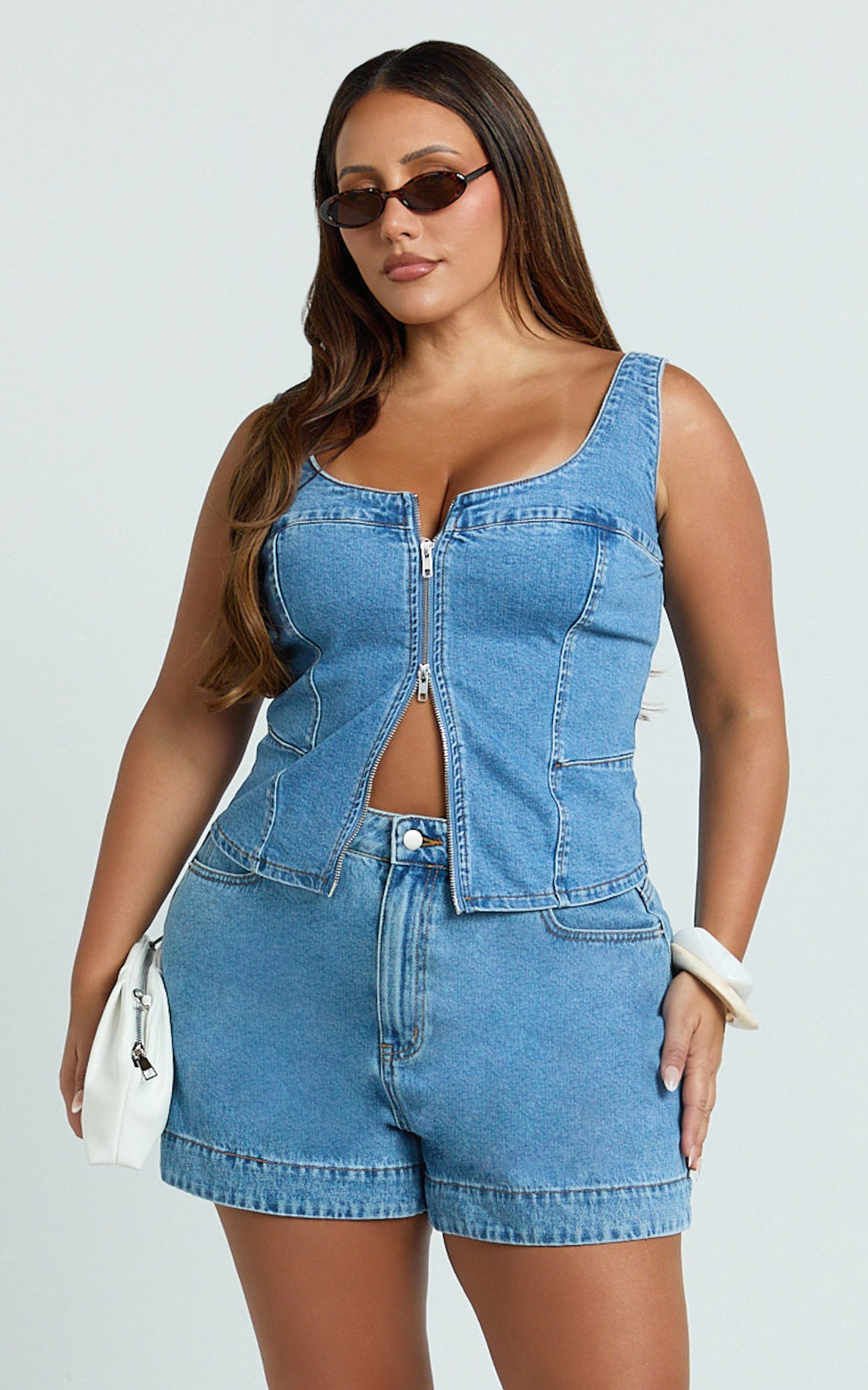 Bellerose Üst - Orta Mavi Önden Fermuarlı Vücuda Oturan Denim Üst