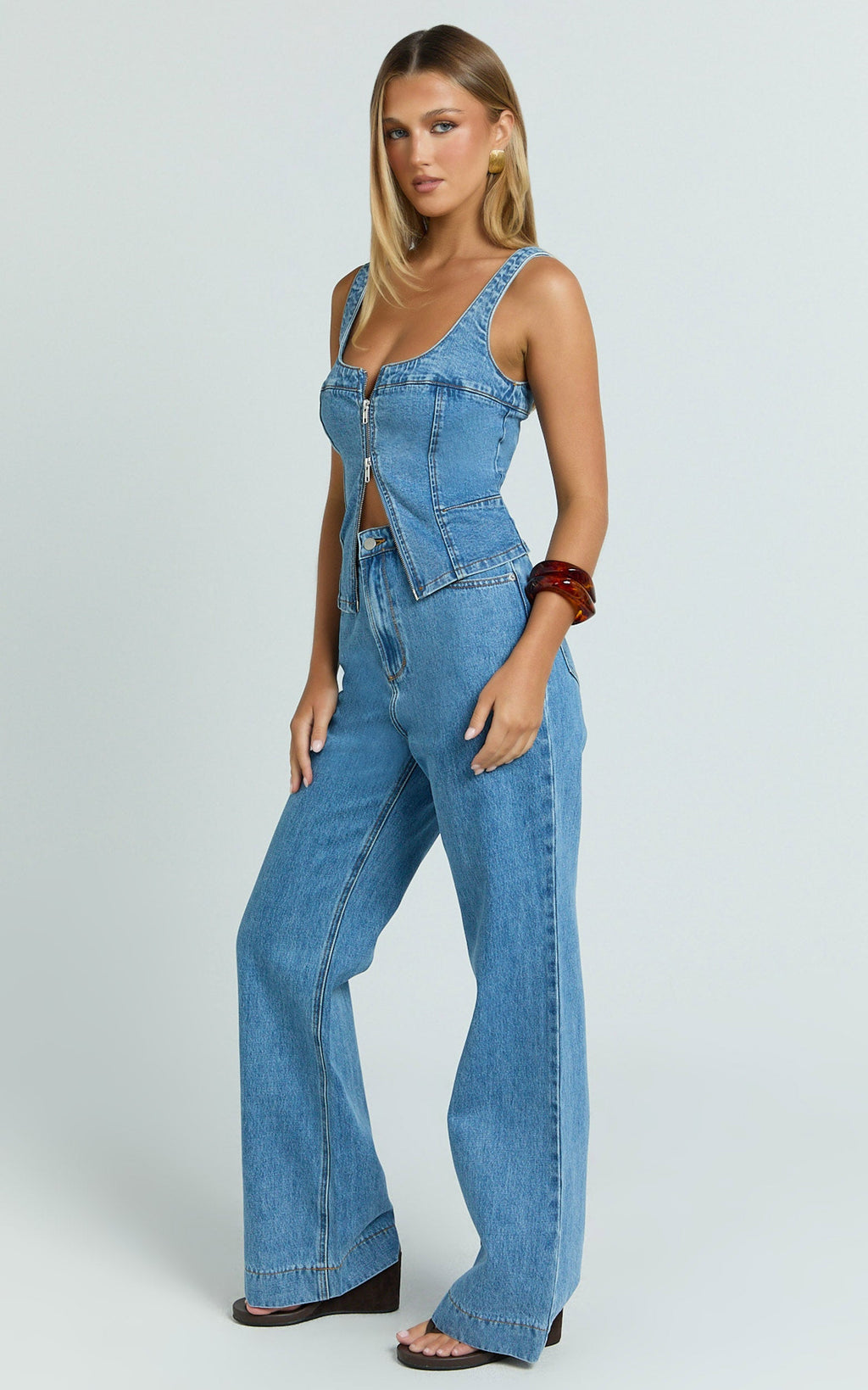 Bellerose Üst - Orta Mavi Önden Fermuarlı Vücuda Oturan Denim Üst
