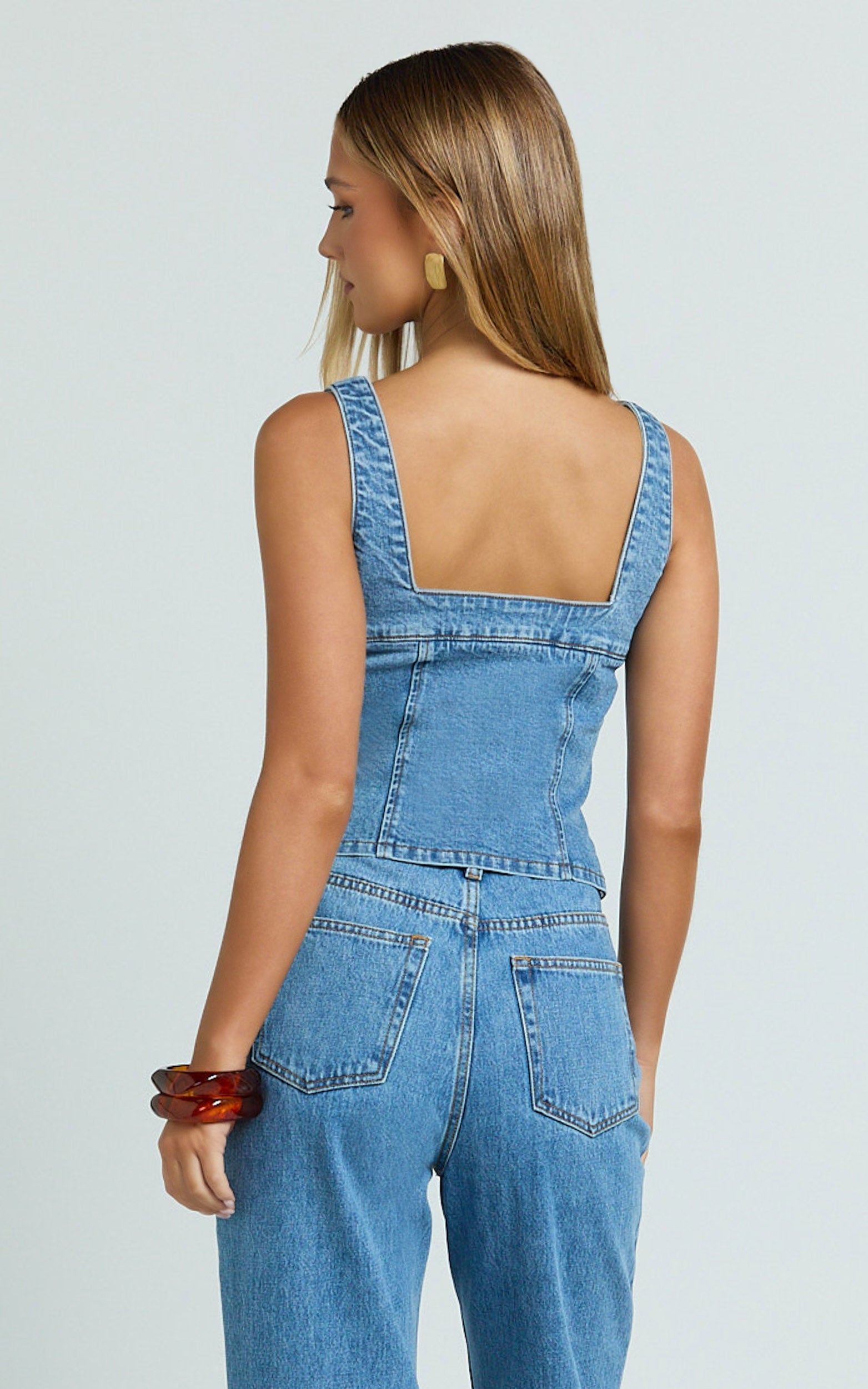 Bellerose Üst - Orta Mavi Önden Fermuarlı Vücuda Oturan Denim Üst