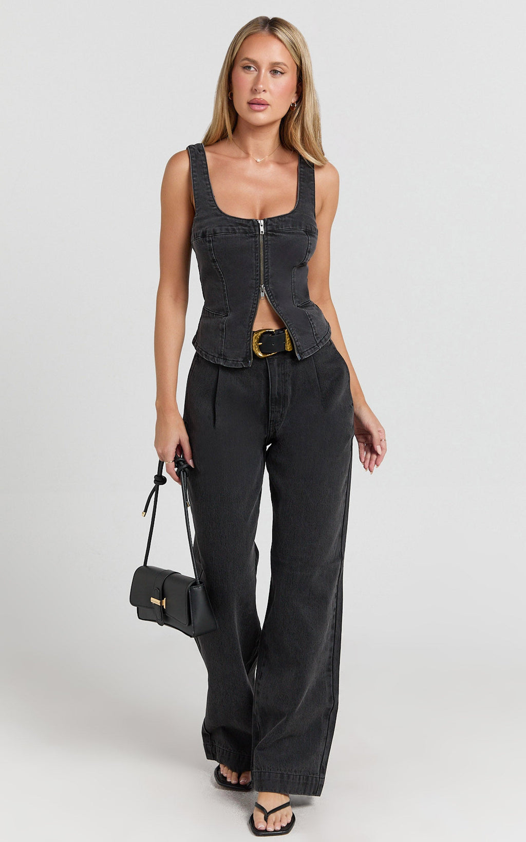 Bellerose Üst - Yıkanmış Siyah Önden Fermuarlı Dar Kesim Denim Üst