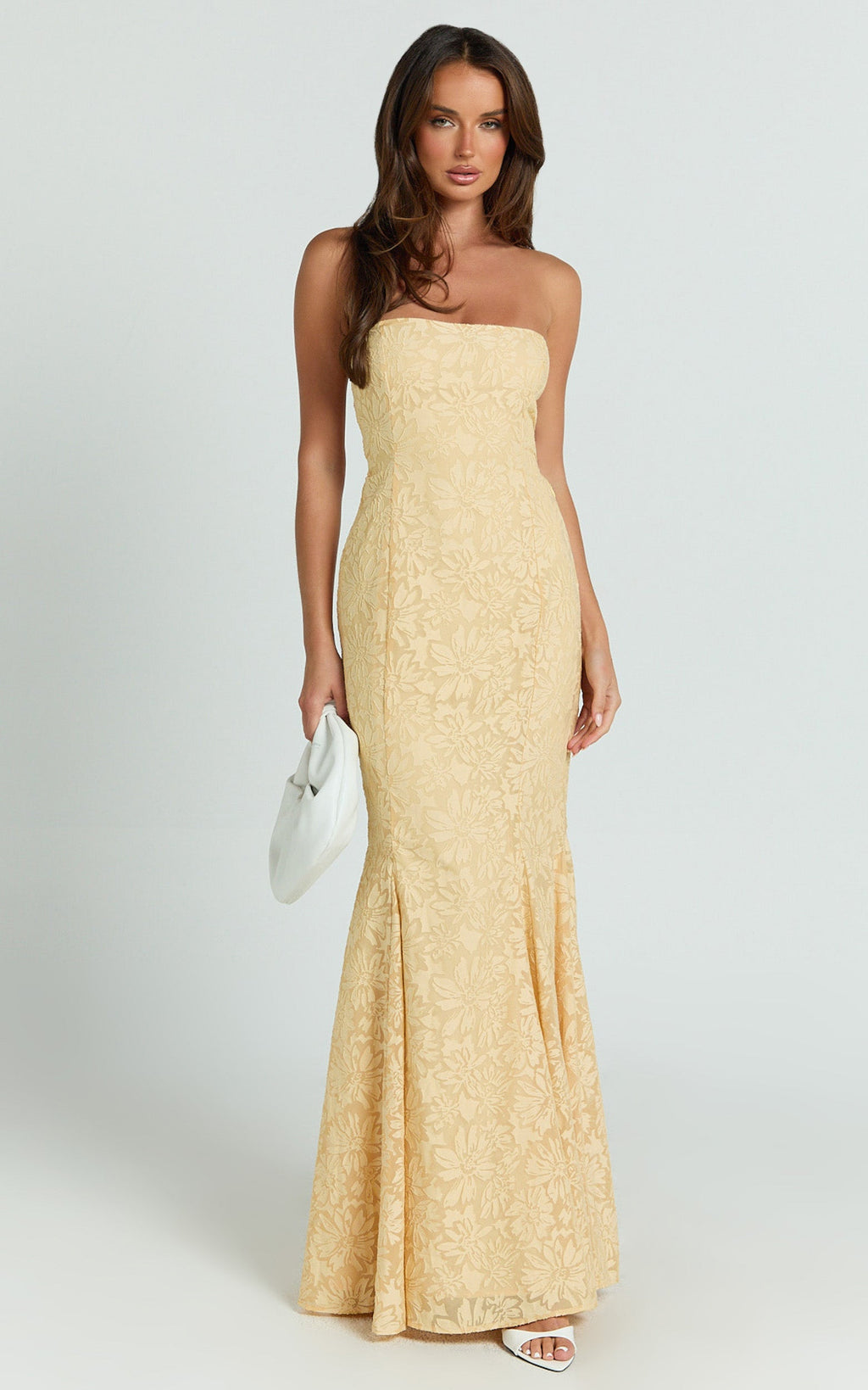 Belrose Maxi Elbise - Sarı Jakarlı Kare Yaka Fit & Flare Elbise