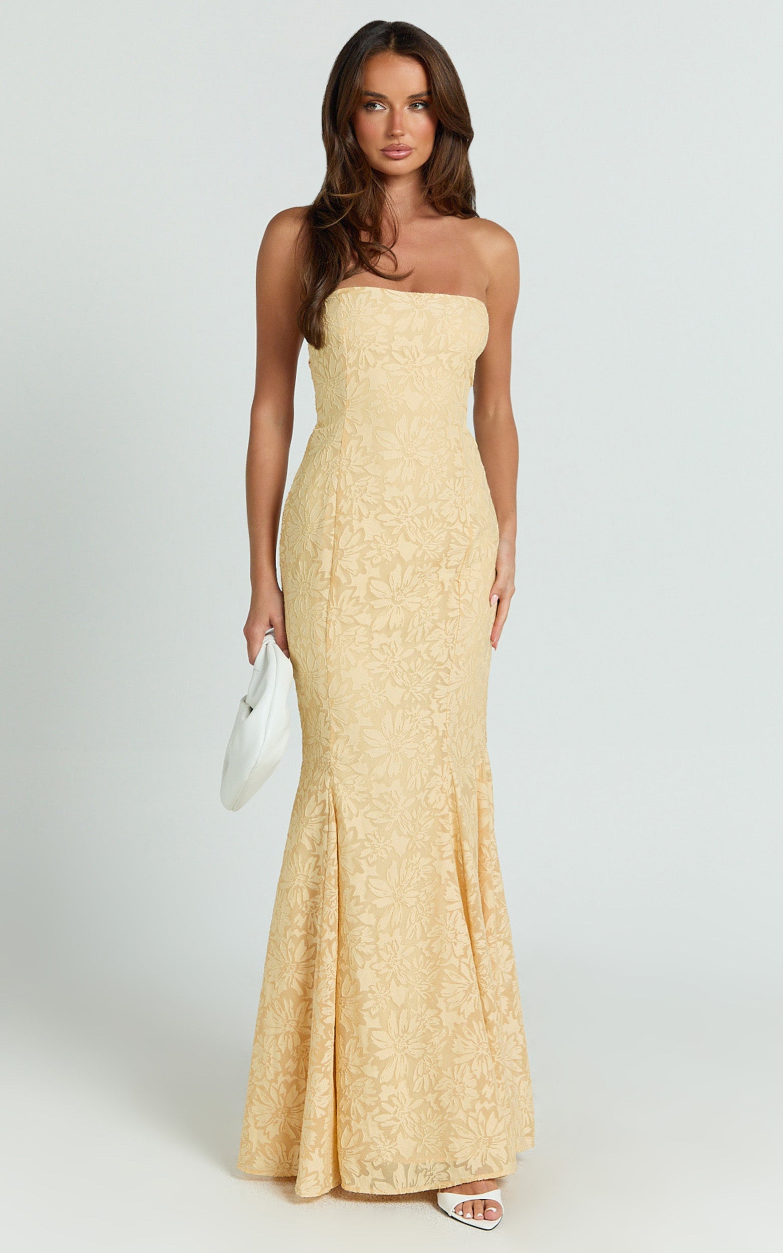 Belrose Maxi Elbise - Sarı Jakarlı Kare Yaka Fit & Flare Elbise